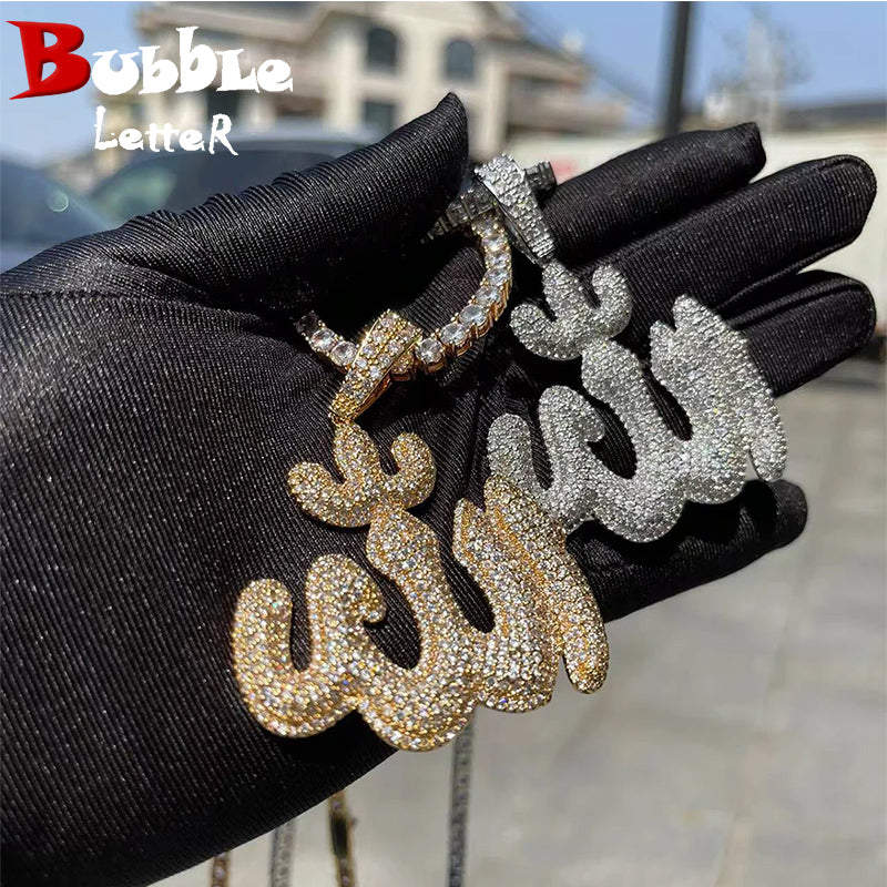 Bubble Letter Iced Out Allah Pendant Necklace Real Gold Plated Hip Hop Jewelry Unique Charms 2022 Trend