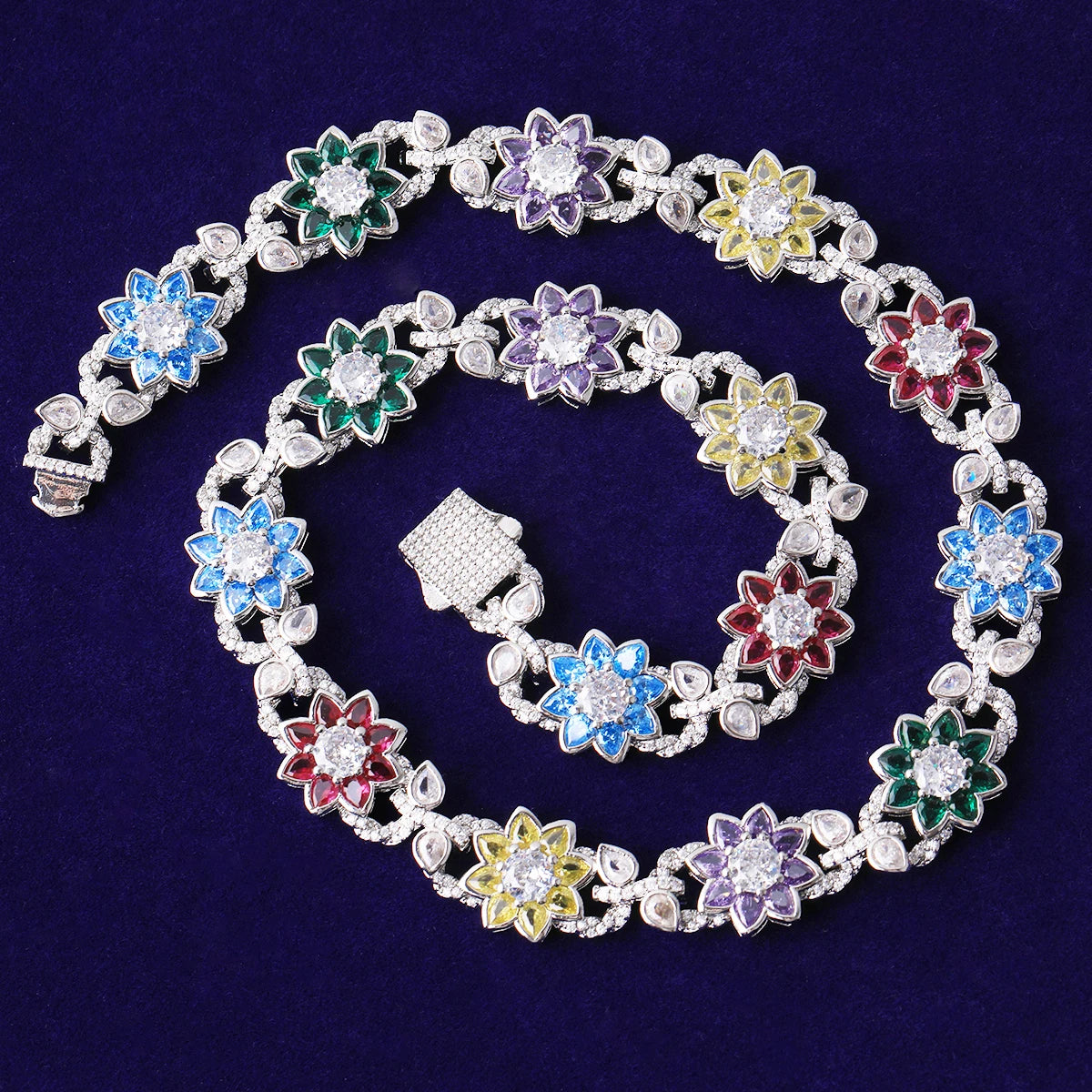 Bubble Letter Iced Out Colorful Flower leaves Necklace Choker for Women Prong Setting Real Gold Plated Hip Hop Jewelry