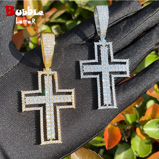 Bubble Letter Iced Out Hollow Cross Necklace for Men Prong Setting Pendant Copper Material Real Gold Plated Hip Hop Jewelry