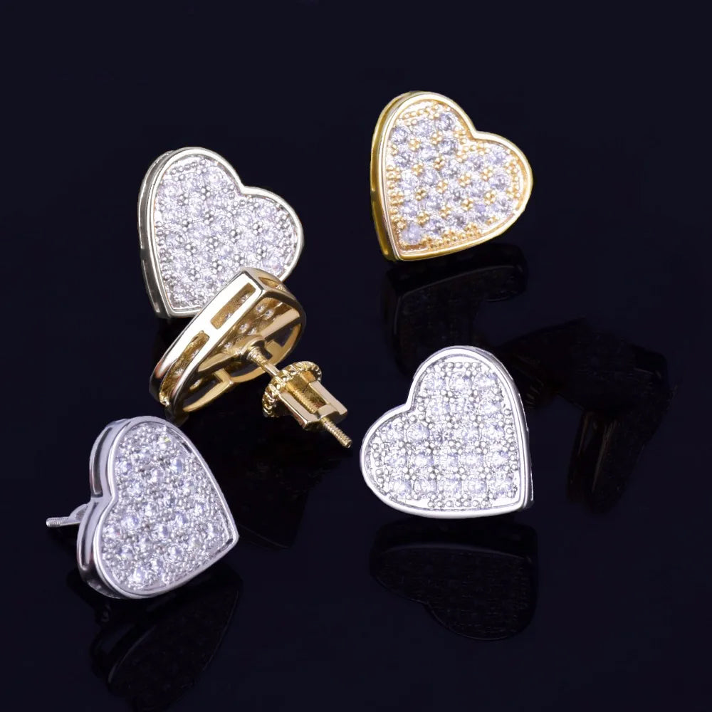 Bule lettebbr 14MM Width Heart-shaped Gold Color Stud Earring For Men Women Full Cubic Zircon Screw Back Earrings Fashion Hip Hop Jewelry Gift