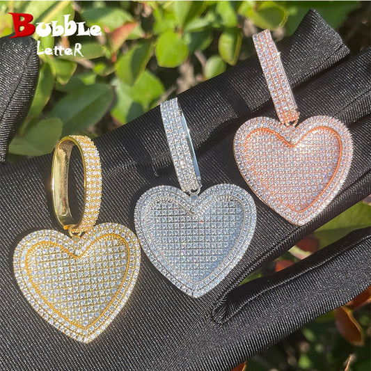 Bubble Letter Iced Out Heart Necklace for Women Cubic Zirconia Prong Setting Pendant Real Gold Plated Hip Hop Jewelry