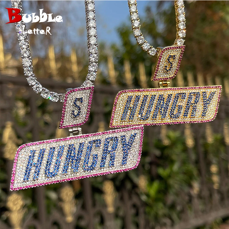 Bubble Letter Iced Out Necklace Hungry Pendant Prong Setting Micro Pave Cubic Zirconia Hip Hop Jewelry 2023 Trends