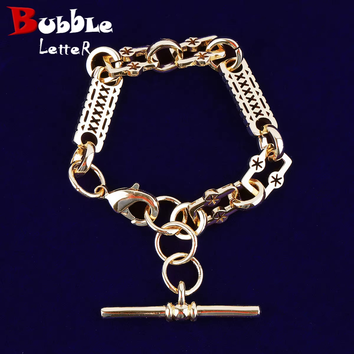 Bubble Letter Star Bar T Bar Clasp Bracelet for Women Gold Plated Real Coper Hip Hop Jewelry