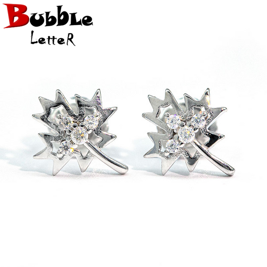 Bubble Letter Silver Moissanite VVS Maple Leaf Stud Earring for Men Hip Hop Jewelry