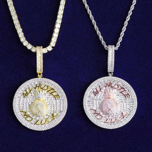 Bubble Letter Iced Out All Hustle No Luck Necklace Pendant for Men 5A Cubic Zirconia Hip Hop Jewelry