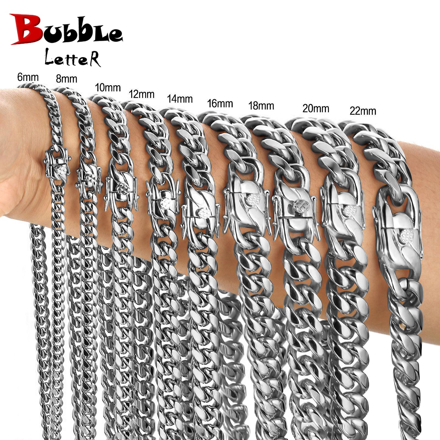 Bubble Letter Stainless Steel Miami Cuban Link Chain for Men Necklace Choker PVD Plating Real Silver Plated Lobster Clasp Rapper Jewelry