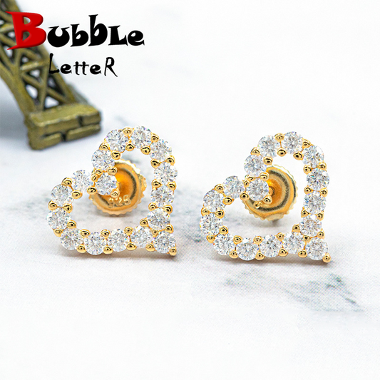 Bubble Letter Silver Moissanite VVS Hollow Heart Stud Earring for Women Hip Hop Jewelry