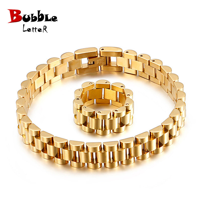 Bubbble Letter Stainless Steel Jewelry Set Presidential Gold PVD Plate Bracelet Ring Set Hip Hop Jewelry