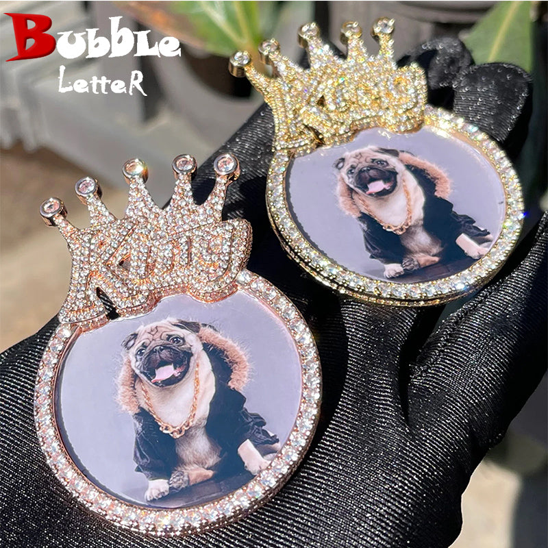 Bubble Letter Custom Photo Necklace for Men King Crown Bail Memory Picture Personalized Pendant Iced Out Zircon Hip Hop Jewelry