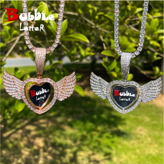 Bubble Letter Iced Out Angel Wing Rotating Heart Necklace Pendant for Women Custom Photo Chain Hip Hop Jewelry