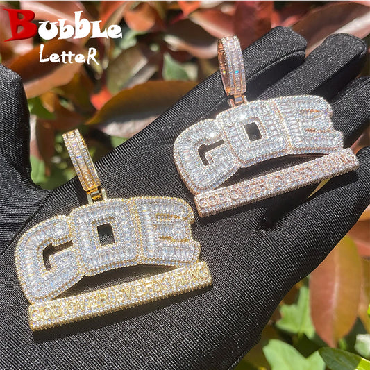 Bubble Letter Iced Out Necklace for Men God Over Everything Pendant Double Color Hip Hop Jewelry