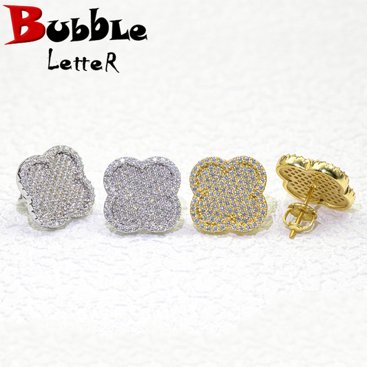 Bubble Letter Silver Moissanite VVS Cross Flower Stud Earring for Women Hip Hop Jewelry