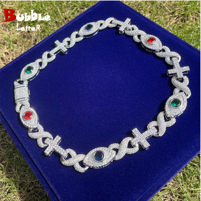 Bubble Letter Colorful Eye Infinity Cross Link for Women Real Gold Plated Cubic Zirconia Hip Hop Jewelry