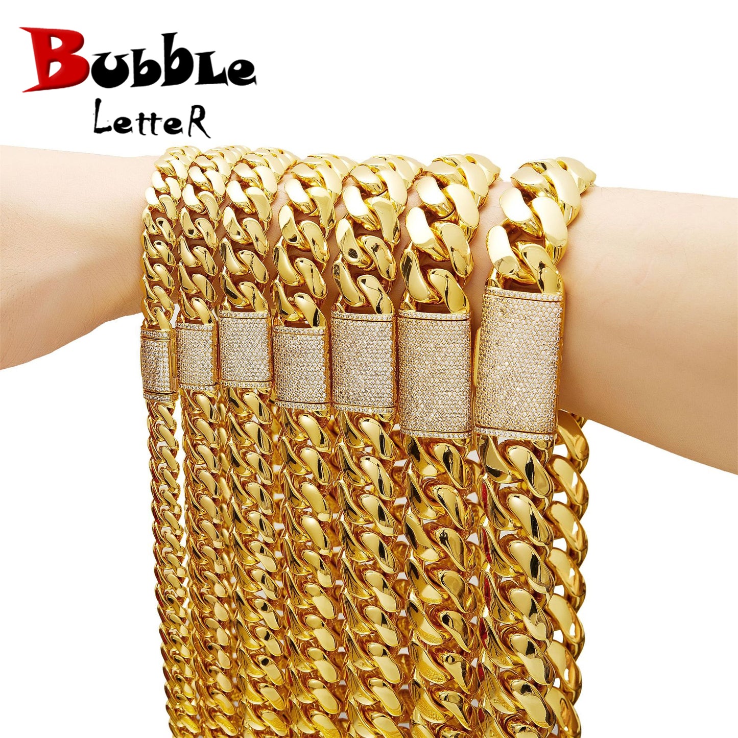 Bubble Letter Stainless Steel Miami Cuban Link Chain for Men Necklace Choker PVD Plating Real Gold Plated Flip Button Hip Hop Jewelry