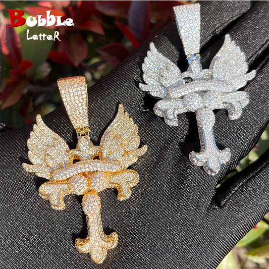 Bubble Letter Iced Out Pendant Prong Setting Wing Cross Necklace for Men Real Gold Plated Hip Hop Jewelry