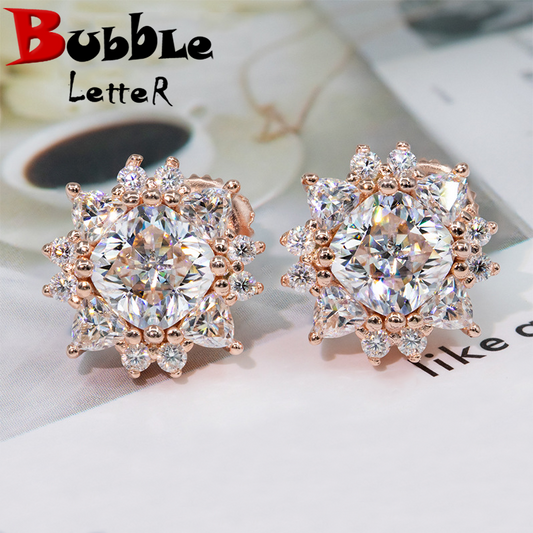 Bubble Letter Silver Moissanite VVS Edge Flower Stud Earring for Men Hip Hop Jewelry