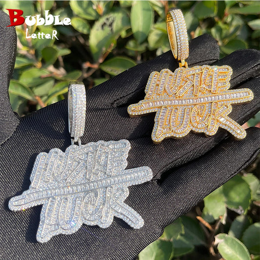 Bubble Letter Iced Out Hustle Luck Necklace Pendant for Men Real Gold Plated Cubic Zirconia Hip Hop Jewelry