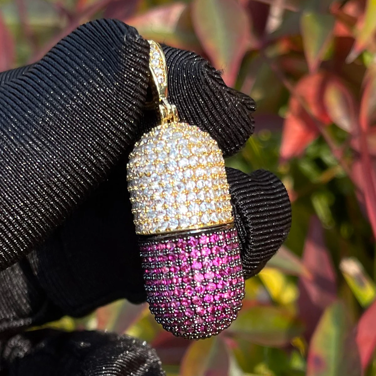 Bubble Letter Tiny Pill Pendant Iced Out Necklace for Men Prong Setting Real Copper Cubic Zirconia Hip Hop Jewelry
