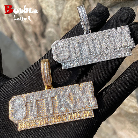 Bubble Letter Iced Out Necklace for Men Stack Till They Kill Me Pendant 5A Cubic Ziconia Real Gold Plated Hip Hop Jewelry