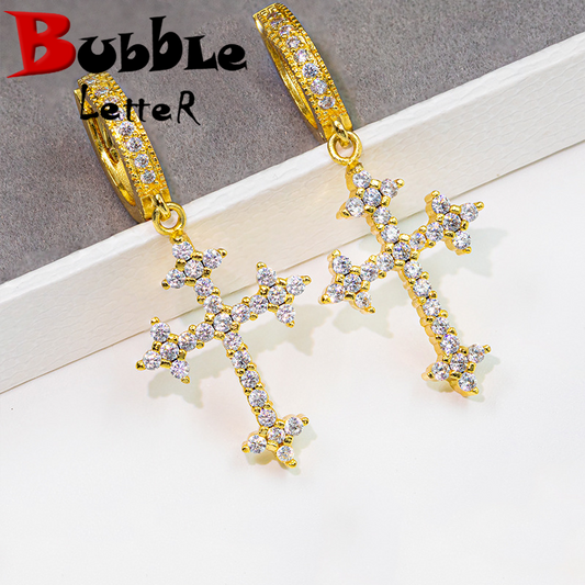 Bubble Letter Silver Moissanite VVS Cross Eardrop Earring for Men Hip Hop Jewelry