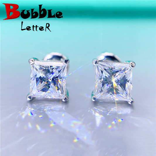 Bubble Letter Silver Moissanite VVS Cubic Zirconia Square Stud Earring for Men Hip Hop Jewelry