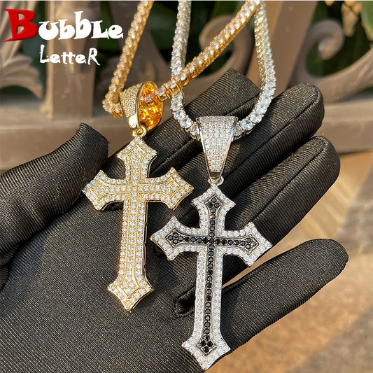 Bubble Letter Iced Out Cross Pendant Necklace for Men Prong Setting Bling Charms Real Gold Plated Hip Hop Jewelry