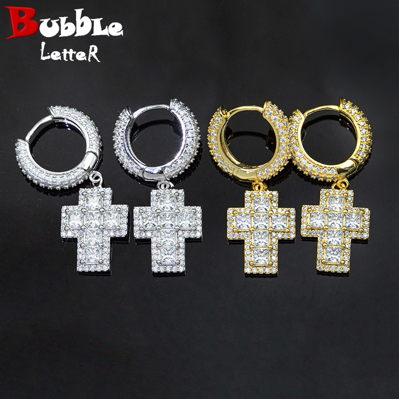Bubble Letter Silver Moissanite VVS Baguette Cross Eardrop Earring for Men Hip Hop Jewelry