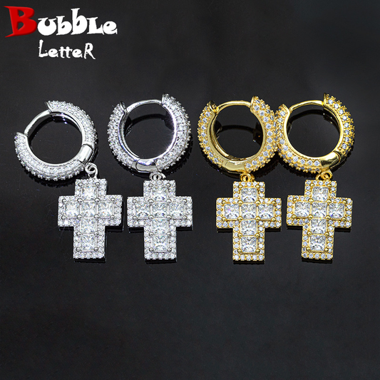 Bubble Letter Silver Moissanite VVS Baguette Cross Eardrop Earring for Men Hip Hop Jewelry