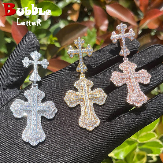 Bubble Letter Iced Out Cross Necklace for Men Prong Setting Pendant Charms Real Copper Hip Hop Jewelry