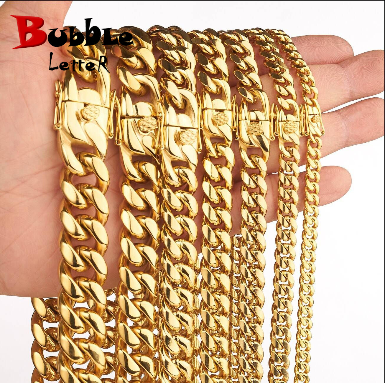 Bubble Letter Stainless Steel Miami Cuban Link Chain for Men Necklace Choker PVD Plating Real Gold Plated Lobster Clasp Rapper Jewelry