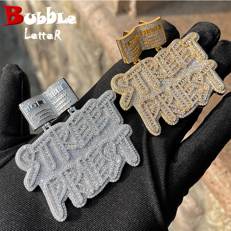 Bubble Letter Iced Out Street Priest Pendant Necklace Prong Setting Cubic Zirconia Real Gold Plated Hip Hop Fashion Jewelry