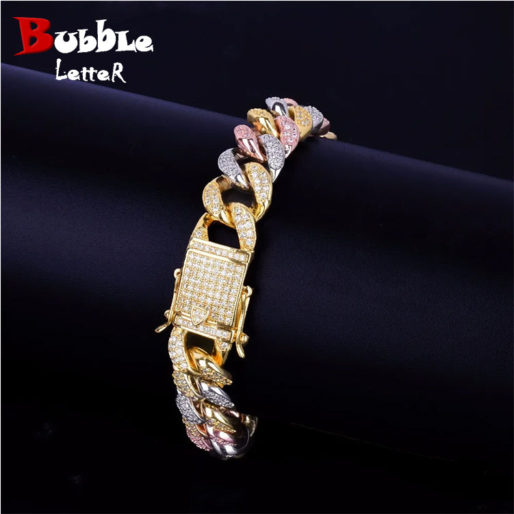 12MM Mixed Color Cuban Chain Bracelet Men's Hip hop Jewelry Iced Out AAA Zirconia Colorful Bracelet 7" 8"