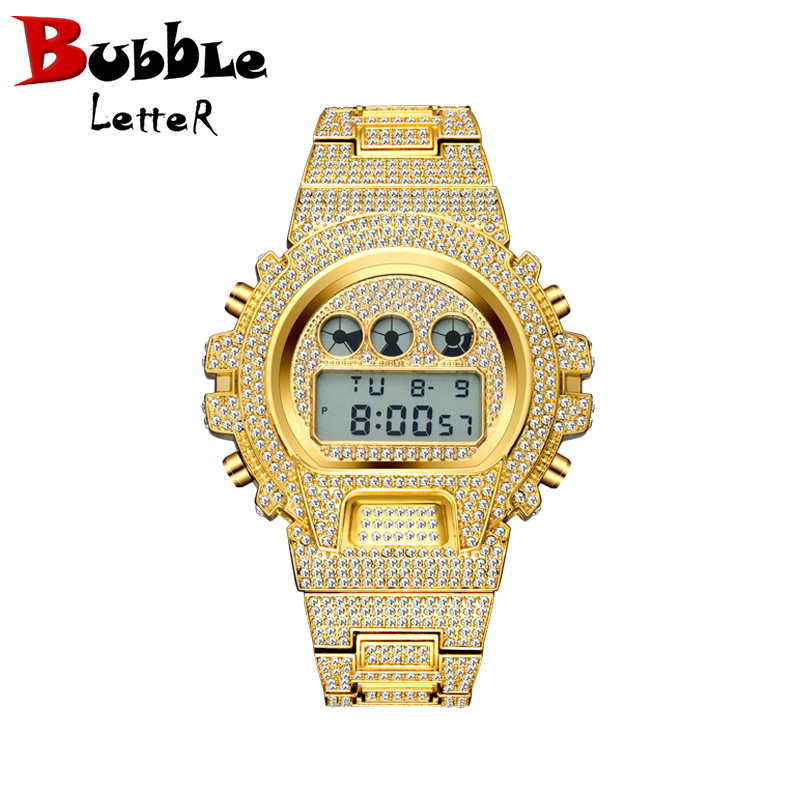 Bubble Letter DIGITAL LED WATERPROOF CHRONOGRAPH ICE OUT DIAMOND WATCH