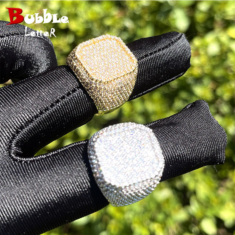 Bubble Letter Iced Out Rings for Men Prong Setting Real Gold Plated Hip Hop Jewelry