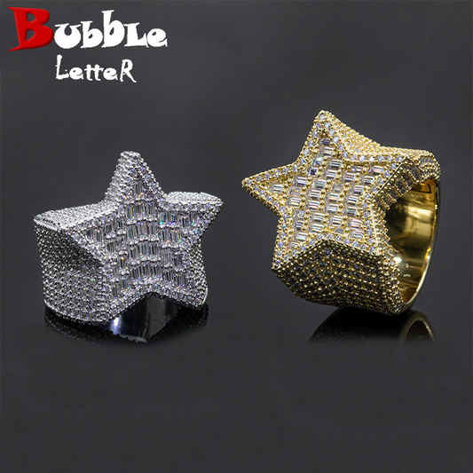 Bubble Letter Silver Moissanite VVS Baguette Top Star Ring for Men Hip Hop Jewelry