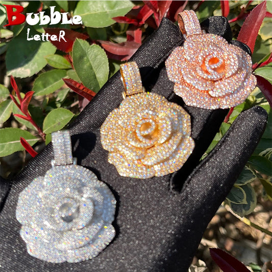 Bubble Letter Iced Out Pendant Rose Flower Necklace for Women Hip Hop Charms Cubic Zircon Fashion Jewery Gold Color