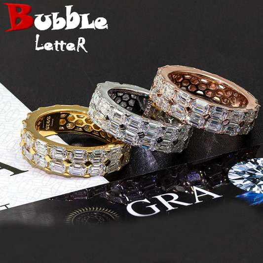 Bubble Letter Silver Moissanite VVS Two Rows Baguette Ring for Men Hip Hop Jewelry