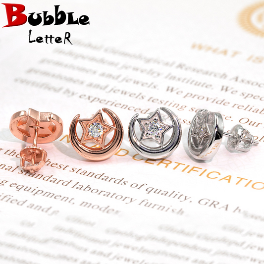 Bubble Letter Silver Moissanite VVS Moon Star Stud Earring for Women Hip Hop Jewelry