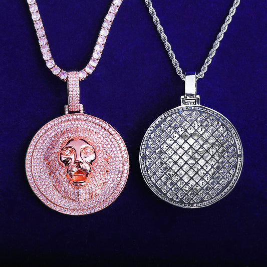 Bubble Letter Iced Out Lion Head Disc Necklace Pendant for Men 5A Cubic Zirconia Gold Plated Hip Hop Jewelry