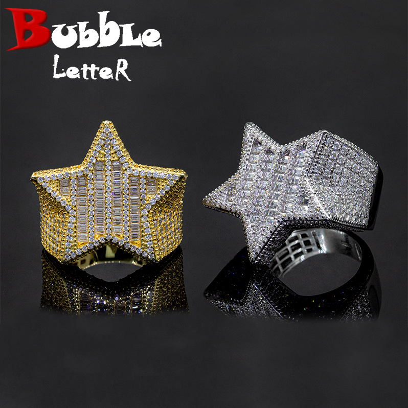 Bubble Letter Silver Moissanite VVS Baguette Star Ring for Men Hip Hop Jewelry