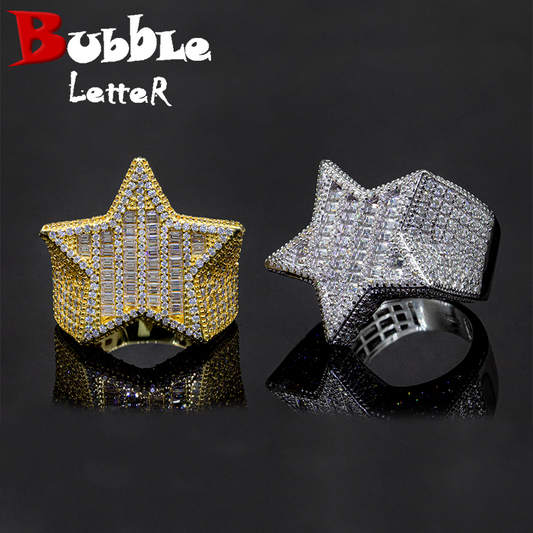 Bubble Letter Silver Moissanite VVS Baguette Star Ring for Men Hip Hop Jewelry