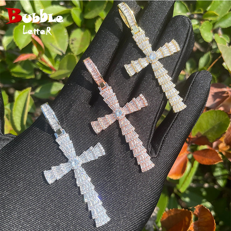 Bubble Letter Baguette Cross Necklace for Women Cubic Zirconia Real Copper Gold Plated Hip Hop Jewelry