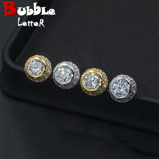 Bubble Letter Silver Moissanite VVS Round Stud Earring for Men Hip Hop Jewelry