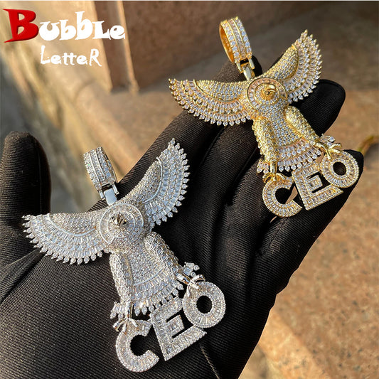 Bubble Letter Iced Out Big Eagle CEO Pendant Baguette Necklace for Men Real Gold Plated Cubic Zirconia Hip Hop Jewelry