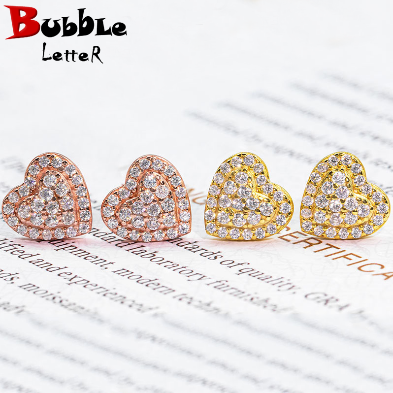 Bubble Letter Silver Moissanite VVS Double Heart Stud Earring for Women Hip Hop Jewelry