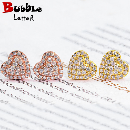Bubble Letter Silver Moissanite VVS Double Heart Stud Earring for Women Hip Hop Jewelry