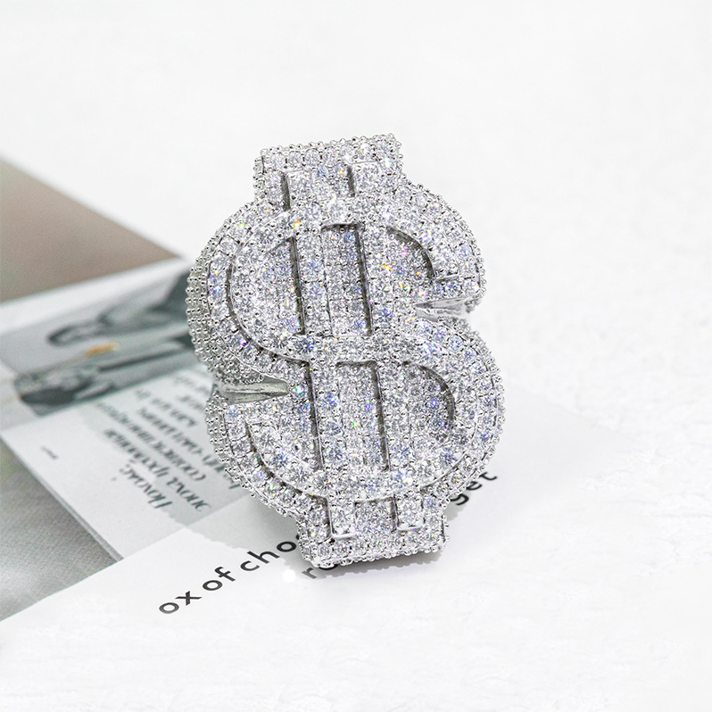 Bubble Letter Silver Moissanite VVS Dollar Sign for Men Hip Hop Jewelry