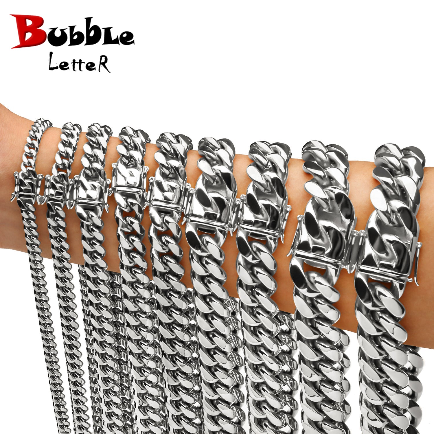 Bubble Letter Stainless Steel Miami Cuban Link Chain for Men Necklace Choker PVD Plating Real Gold Plated Lobster Clasp Jewelry