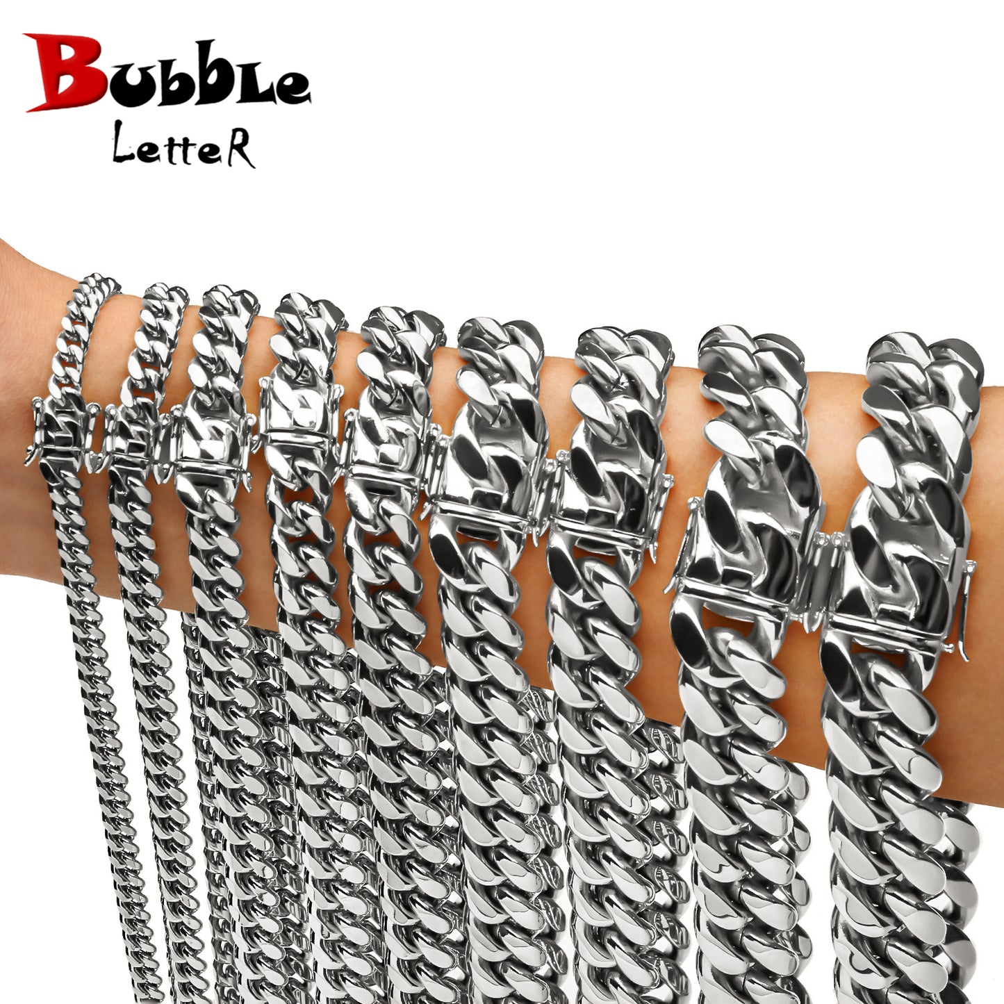 Bubble Letter Stainless Steel Miami Cuban Link Chain for Men Necklace Choker PVD Plating Real Gold Plated Lobster Clasp Jewelry