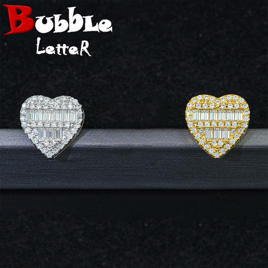 Bubble Letter Silver Moissanite VVS Baguette Heart Stud Earring for Men Hip Hop Jewelry